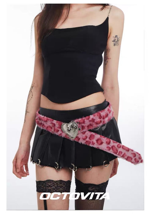OCTOVITA Pink Leopard Print Y2K Heart & Skull Fashion Belt - Trendy Statement Piece for Bold, Retro Looks