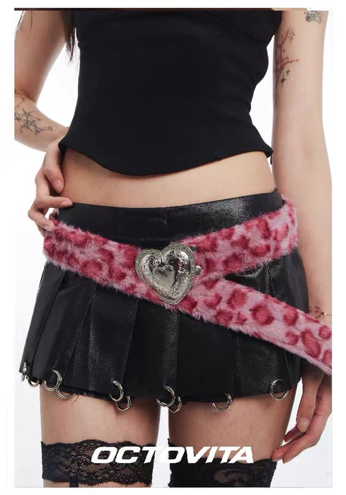 OCTOVITA Pink Leopard Print Y2K Heart & Skull Fashion Belt - Trendy Statement Piece for Bold, Retro Looks