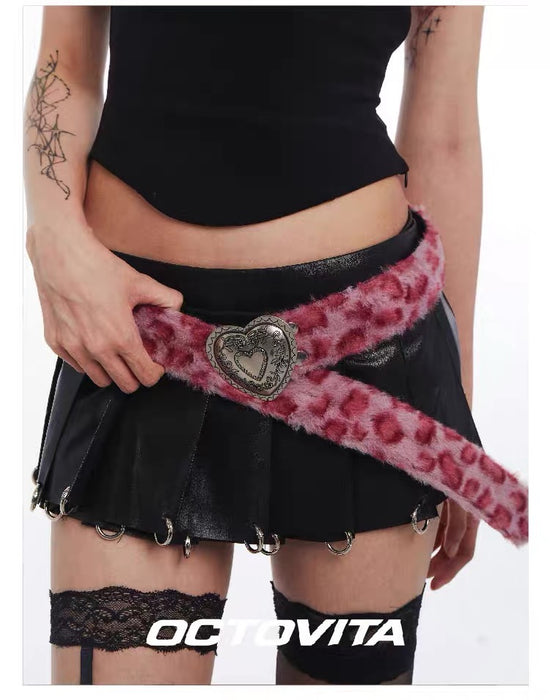 OCTOVITA Pink Leopard Print Y2K Heart & Skull Fashion Belt - Trendy Statement Piece for Bold, Retro Looks