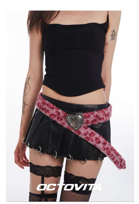OCTOVITA Pink Leopard Print Y2K Heart & Skull Fashion Belt - Trendy Statement Piece for Bold, Retro Looks