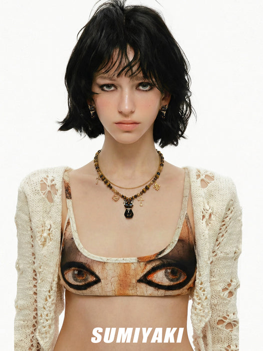 SUMIYAKI Sacred Eye Egyptian Cat Double-Layer Necklace – Natural Tiger Eye Stone & Ankh Charm Layered Pendant