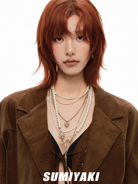 SUMIYAKI Love Lock Collection Layered Pearl Necklace – Detachable 3-in-1 Convertible Necklace, Vintage Romantic Statement Jewelry