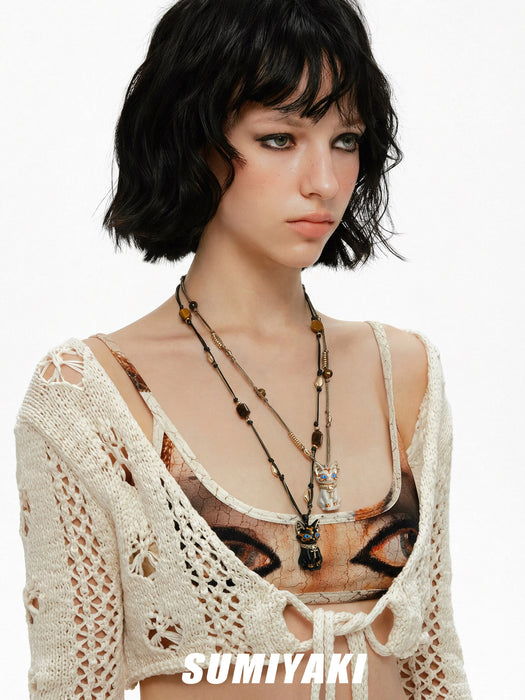 SUMIYAKI Sacred Eye Egyptian Cat Necklace – Natural Tiger Eye Stone Handmade Talisman Pendant