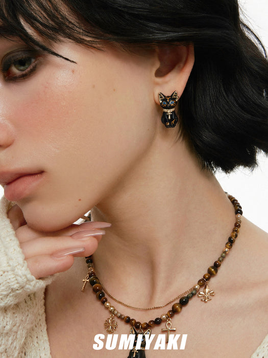 SUMIYAKI Sacred Eye Egyptian Cat Earrings – Vintage Black Egyptian Cat Design, S925 Sterling Silver Studs