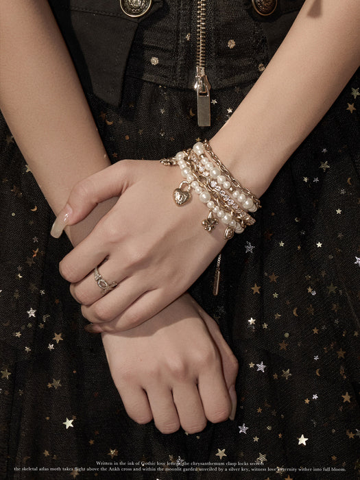 SUMIYAKI Love Lock Collection Bracelet – Pearl Heart Charm Layered Bracelet, Romantic Vintage Statement Jewelry