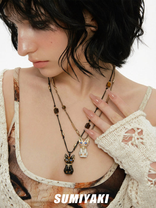 SUMIYAKI Sacred Eye Egyptian Cat Necklace – Natural Tiger Eye Stone Handmade Talisman Pendant