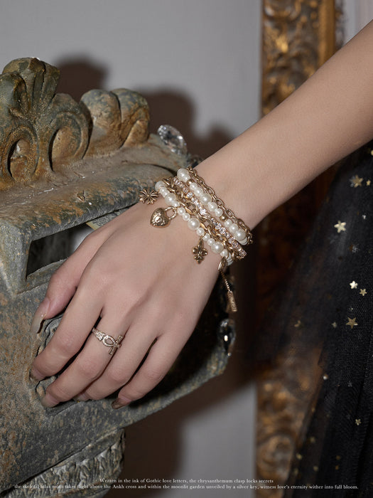 SUMIYAKI Love Lock Collection Bracelet – Pearl Heart Charm Layered Bracelet, Romantic Vintage Statement Jewelry