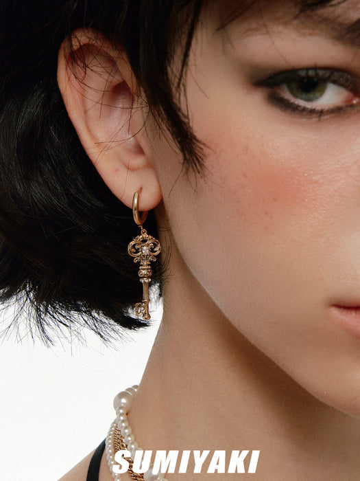 SUMIYAKI Love Lock Collection Asymmetrical Key Earrings – Heart Charm Vintage Romantic Statement Jewelry