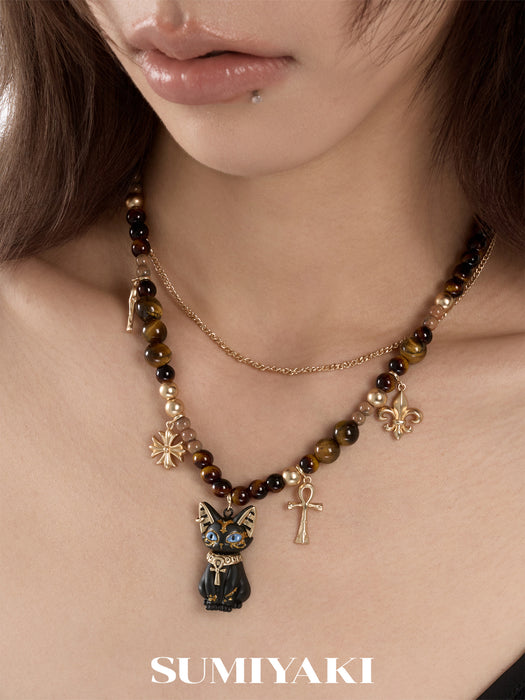 SUMIYAKI Sacred Eye Egyptian Cat Double-Layer Necklace – Natural Tiger Eye Stone & Ankh Charm Layered Pendant