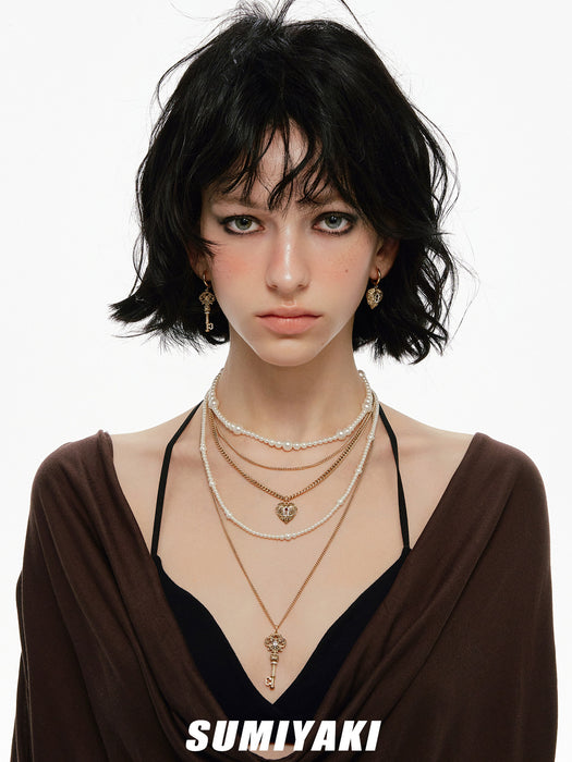 SUMIYAKI Love Lock Collection Layered Pearl Necklace – Detachable 3-in-1 Convertible Necklace, Vintage Romantic Statement Jewelry