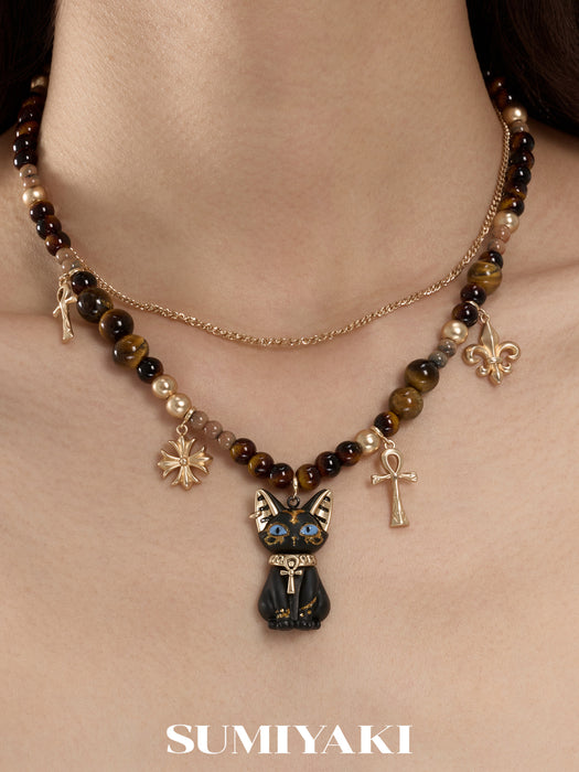 SUMIYAKI Sacred Eye Egyptian Cat Double-Layer Necklace – Natural Tiger Eye Stone & Ankh Charm Layered Pendant