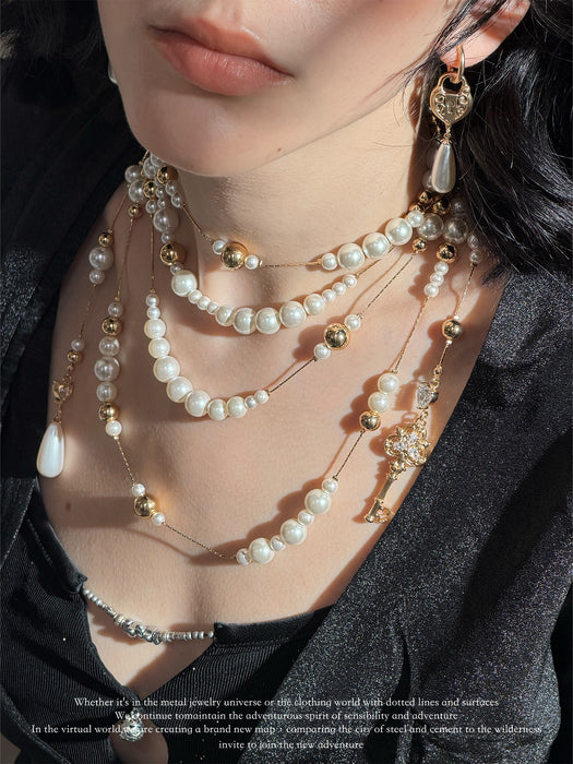SUMIYAKI Love Lock Collection Necklace – Vintage Key Pendant, Teardrop Pearl Layered Long Necklace, Romantic Statement Jewelry