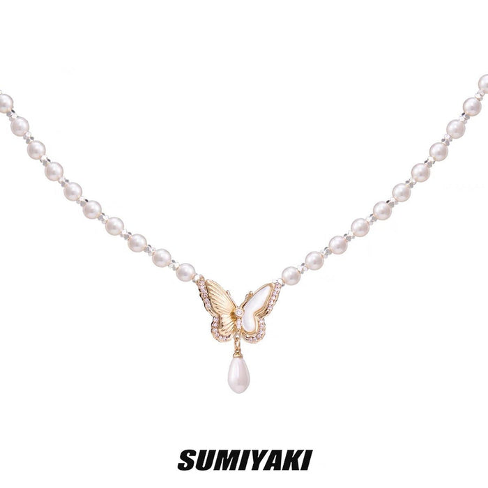 SUMIYAKI Gold White Mother-of-Pearl Butterfly Pearl Necklace - Luxe and Elegant Design, Vintage Chic Style