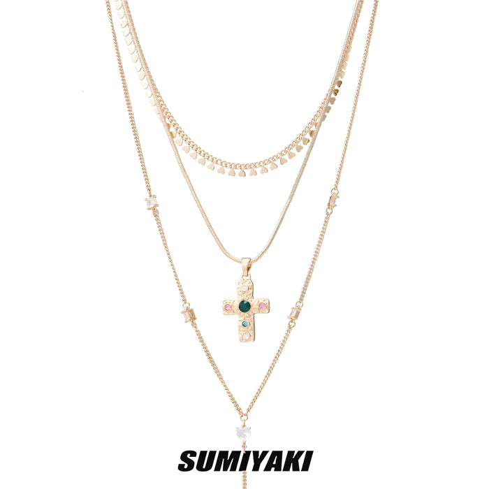 SUMIYAKI Classic Y2K Layered Gold Plated Cross Necklace - Vintage Cubic Zirconia Choker for an Edgy Look