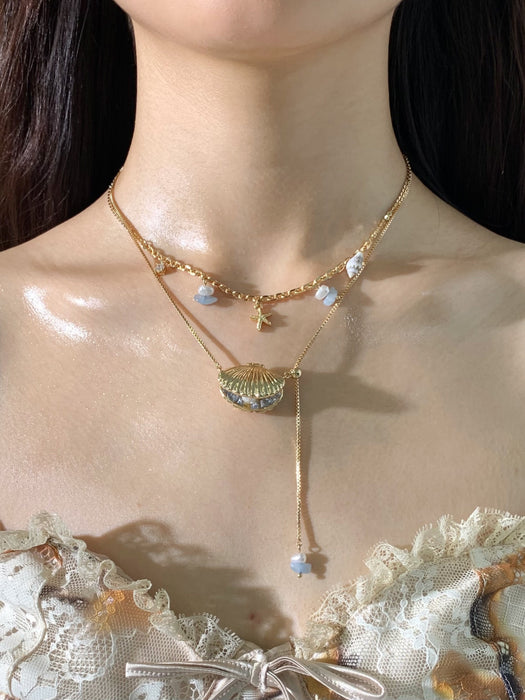 SUMIYAKI Ocean Shell Necklace - Gold-Plated Layered Chain with Zirconia Pearl Shell Pendant, Magnetic Clasp Choker, Luxe Vacation Vibe, Fashionable and Elegant