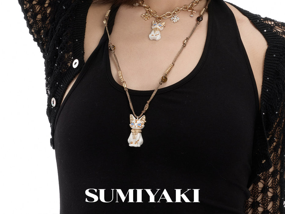 SUMIYAKI Sacred Eye Egyptian Cat Necklace – Natural Tiger Eye Stone Handmade Talisman Pendant