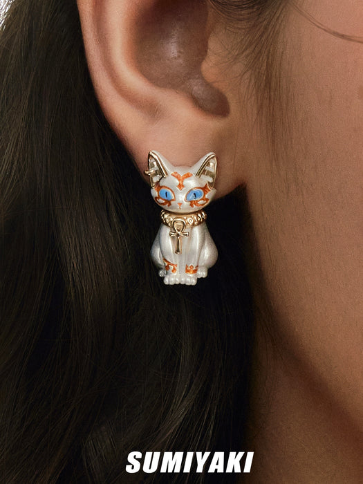 SUMIYAKI Sacred Eye Egyptian Cat Earrings – Vintage Black Egyptian Cat Design, S925 Sterling Silver Studs