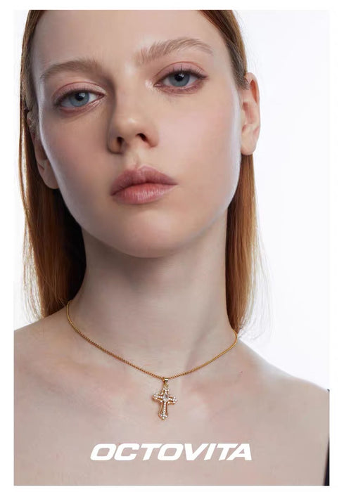 OCTOVITA Romantic Rome Collection Necklace - Original Gold Diamond-Cross Pendant, Luxe Minimalist Collar Chain