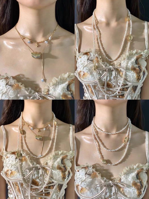 SUMIYAKI Vacation Vibe Gold-Plated Shell Necklace - Layered Pearl Design, Unique Patchwork Sweater Chain, Fashionable Choker, Luxe and Distinctive Charm