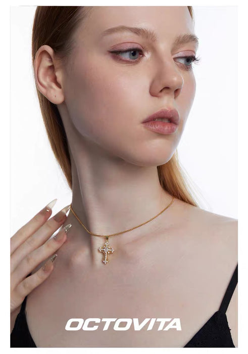 OCTOVITA Romantic Rome Collection Necklace - Original Gold Diamond-Cross Pendant, Luxe Minimalist Collar Chain