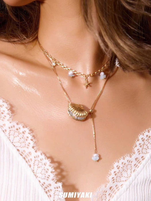 SUMIYAKI Ocean Shell Necklace - Gold-Plated Layered Chain with Zirconia Pearl Shell Pendant, Magnetic Clasp Choker, Luxe Vacation Vibe, Fashionable and Elegant