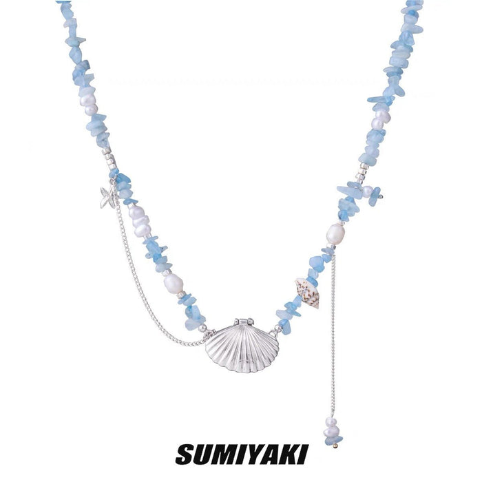 SUMIYAKI Vacation Vibe Blue Crystal Shell Necklace - Natural Freshwater Pearl Bead Design, Chic Ocean Choker, Dopamine-Inducing High-End Collar Chain