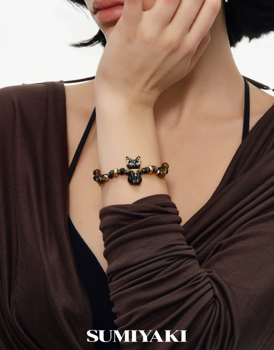 SUMIYAKI Sacred Eye Egyptian Cat Bracelet – Natural Tiger Eye Stone Handmade Beaded Talisman Bracelet