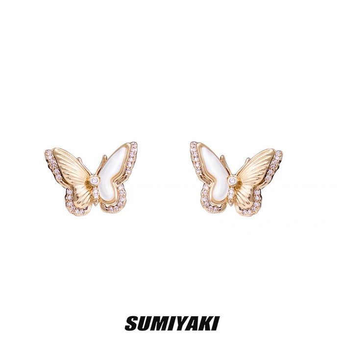 SUMIYAKI Gold White Mother-of-Pearl Twin Butterfly Earrings - S925 Silver Posts, Luxe and Elegant Style