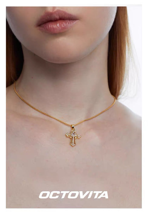 OCTOVITA Romantic Rome Collection Necklace - Original Gold Diamond-Cross Pendant, Luxe Minimalist Collar Chain