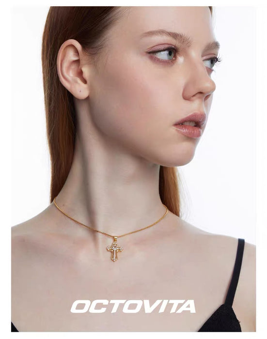 OCTOVITA Romantic Rome Collection Necklace - Original Gold Diamond-Cross Pendant, Luxe Minimalist Collar Chain