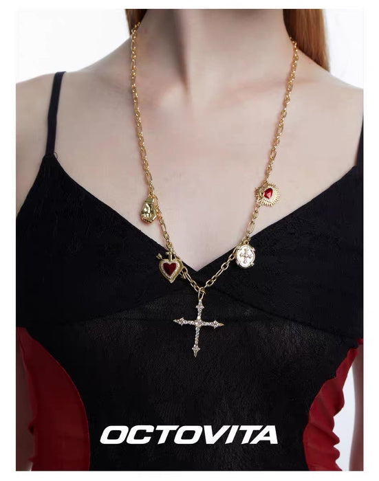 OCTOVITA Original French-Inspired Luxe Cross Necklace - Elegant 18K Gold Long Pendant Chain