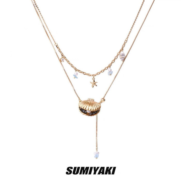 SUMIYAKI Ocean Shell Necklace - Gold-Plated Layered Chain with Zirconia Pearl Shell Pendant, Magnetic Clasp Choker, Luxe Vacation Vibe, Fashionable and Elegant