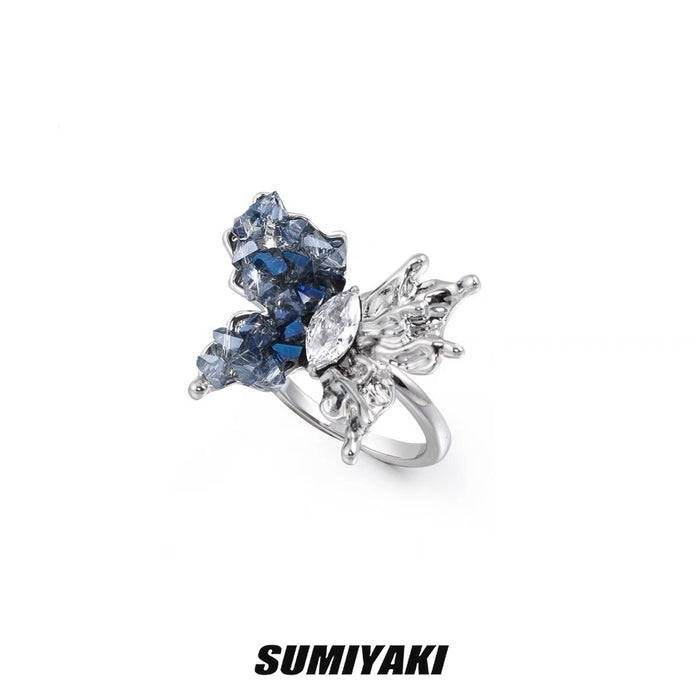 SUMIYAKI 3D Gradient Rhinestone Butterfly Ring - Stunning Black and Blue, Unique Ins-Style Open Ring