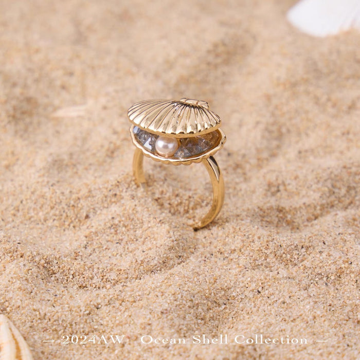 SUMIYAKI Gold-Plated Pearl Shell Ocean Ring - Adjustable Open-Ended Design, Luxe Vacation Style Couple’s Ring