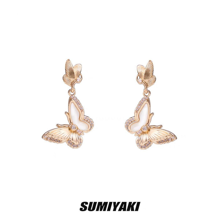 SUMIYAKI Gold White Mother-of-Pearl Twin Butterfly Zircon Earrings - Luxe and Elegant Design, Vintage Chic Style