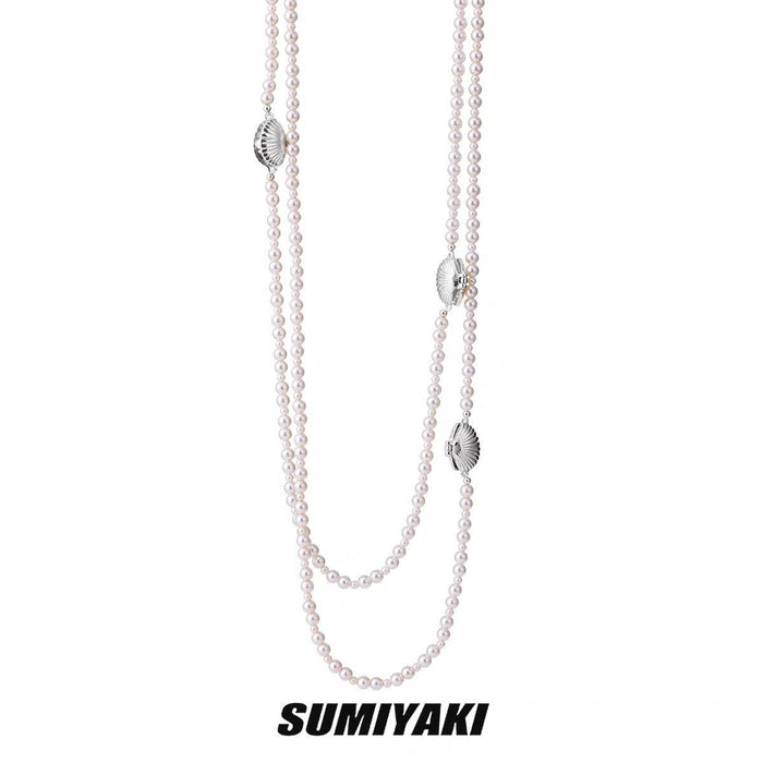 SUMIYAKI Vacation Vibe Gold-Plated Shell Necklace - Layered Pearl Design, Unique Patchwork Sweater Chain, Fashionable Choker, Luxe and Distinctive Charm