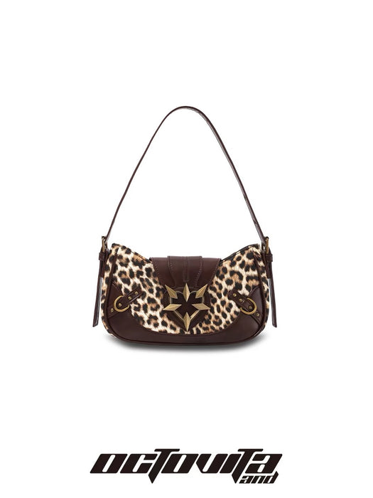 OCTOVITA Vintage Y2K Brown Leopard Print Heart Handbag - Trendy Baddie Style, High-Quality Shoulder & Underarm Bag for Girls