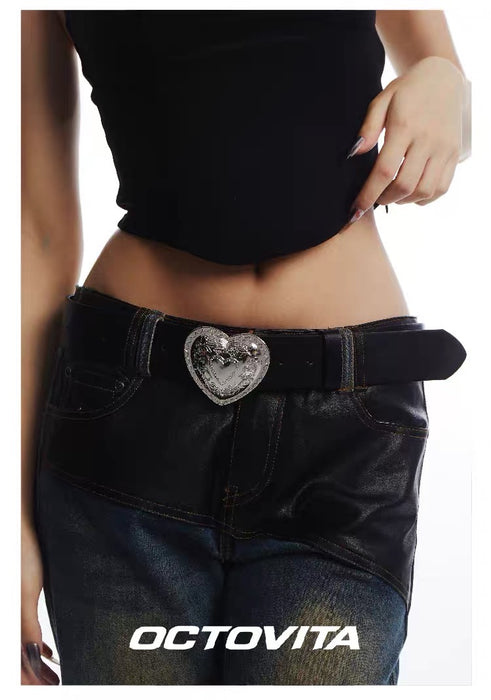 OCTOVITA Black Heart Pattern Fashion Belt - Trendy Y2K Accessory for Skirts & Jeans, Retro Chic Style