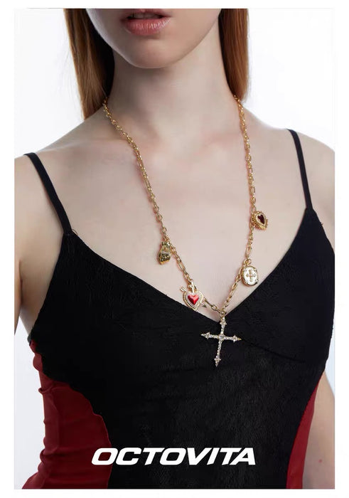 OCTOVITA Original French-Inspired Luxe Cross Necklace - Elegant 18K Gold Long Pendant Chain