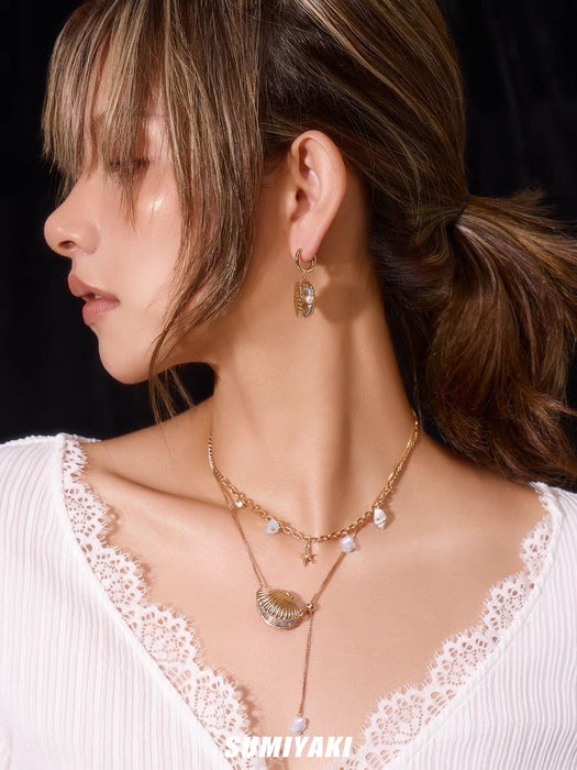 SUMIYAKI Ocean Shell Necklace - Gold-Plated Layered Chain with Zirconia Pearl Shell Pendant, Magnetic Clasp Choker, Luxe Vacation Vibe, Fashionable and Elegant