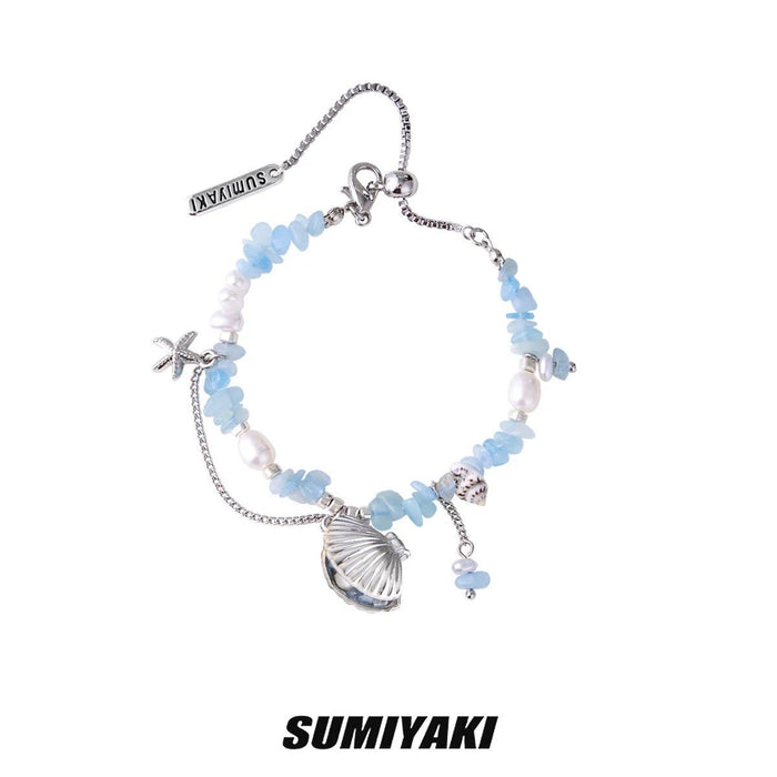 SUMIYAKI Vacation Vibe Blue Crystal Natural Pearl Shell Beaded Bracelet - Pull-String Adjustable Design, Silver-Plated Couple's Ocean-Inspired Accessory