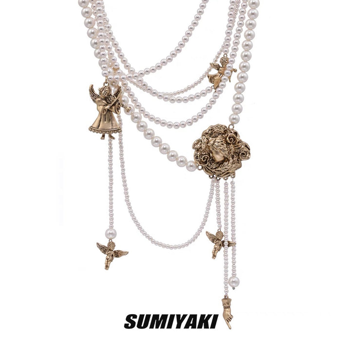 SUMIYAKI Original Milad American Multi-Layer Pearl Necklace - Handcrafted Unique Design with Vintage-Antiqued Angel Charm, Luxe Sweater Chain, Fashionable and Versatile