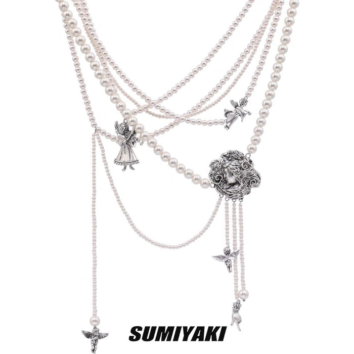 SUMIYAKI Original Milad American Multi-Layer Pearl Necklace - Handcrafted Unique Design with Vintage-Antiqued Angel Charm, Luxe Sweater Chain, Fashionable and Versatile