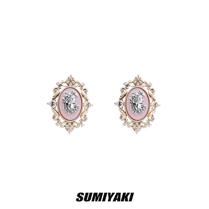 SUMIYAKI American Relief Frame Earrings - Vintage Gold Lolita Style, Unique Luxe Resin and Zirconia s925 Studs