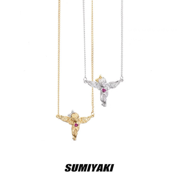 SUMIYAKI Angel Series Classic Necklace - Rococo Style Cherub Design, Brings Good Luck, Fashionable Commuter Gold and Silver Plated Zirconia Choker, Unique Women’s Accessory