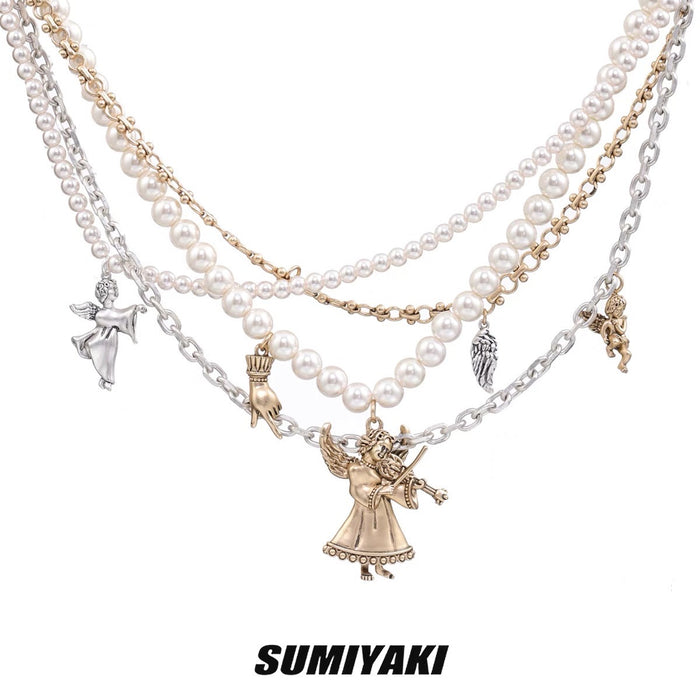 SUMIYAKI Original Vintage Layered Necklace - Multi-Layer Design with Antique Bronze and Pearl, Cupid Cherub Pendant Sweater Chain, Fashionable and Unique Women’s Accessory