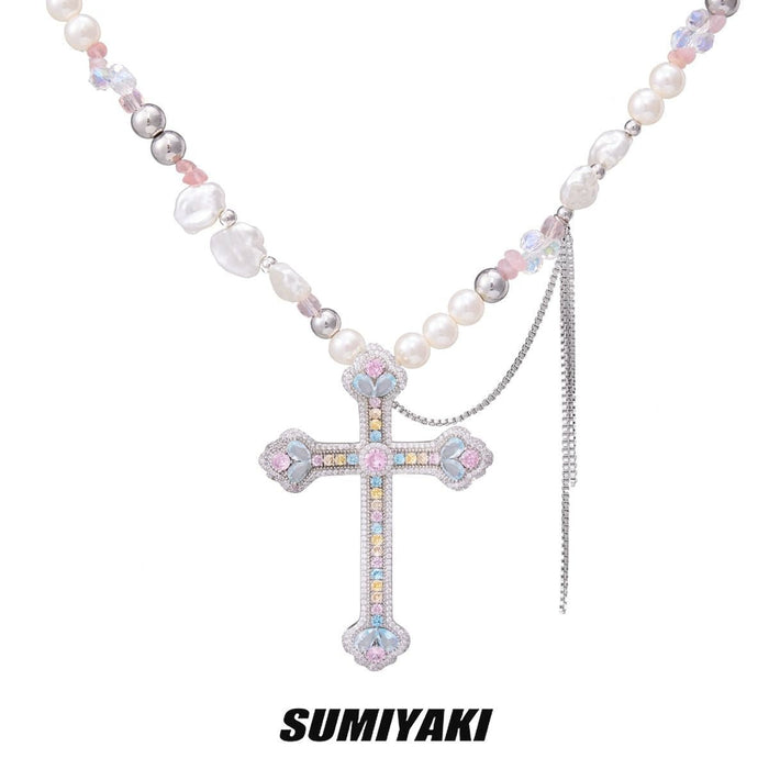 SUMIYAKI Fall/Winter Baroque Pearl Tassel Vintage Pink Crystal Cross Necklace - Y2K-Inspired Luxe Design, Chic and Elegant Women’s Jewelry