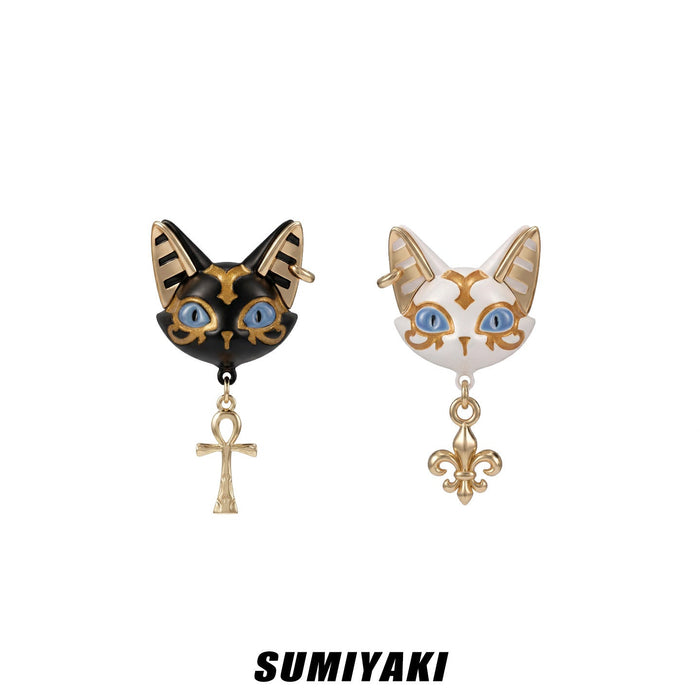 SUMIYAKI Sacred Eye Egyptian Cat Earrings – Black & White Asymmetrical Studs, S925 Sterling Silver, Hypoallergenic Jewelry