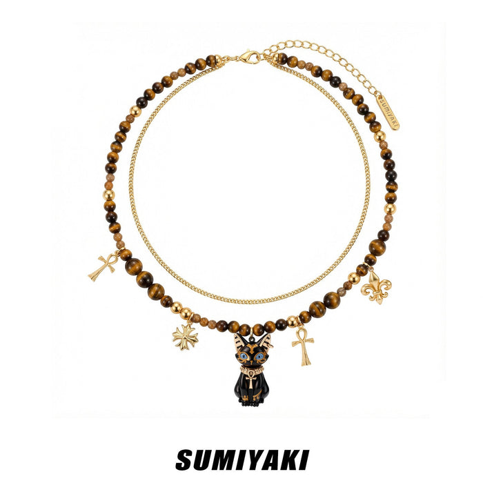 SUMIYAKI Sacred Eye Egyptian Cat Double-Layer Necklace – Natural Tiger Eye Stone & Ankh Charm Layered Pendant