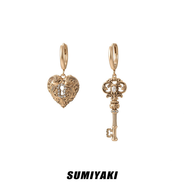 SUMIYAKI Love Lock Collection Asymmetrical Key Earrings – Heart Charm Vintage Romantic Statement Jewelry